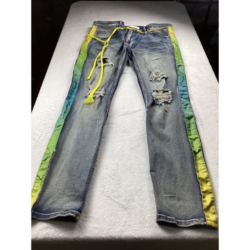 KDNK Distressed Jeans Men 36 Blue Ombre Side Stripe Slim Fit Streetwear 1141411
